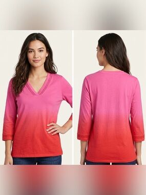 LANDS END Women’s Ombre Pink to Red V-Neck Lace Trim Top Long Sleeve Top Size L